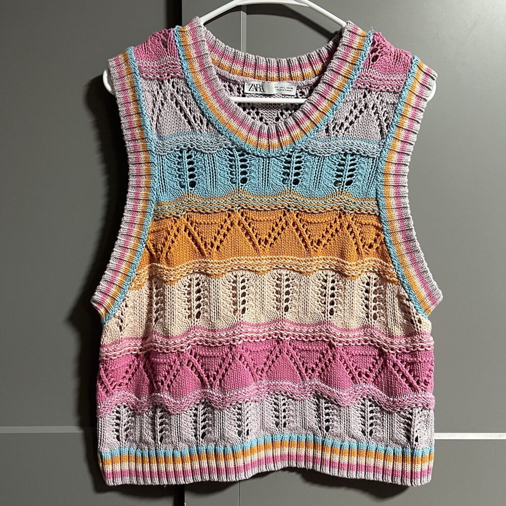 Zara Multicolor Knit Sleeveless Sweater Vest - Pink, Blue, Yellow, Cream, Brown